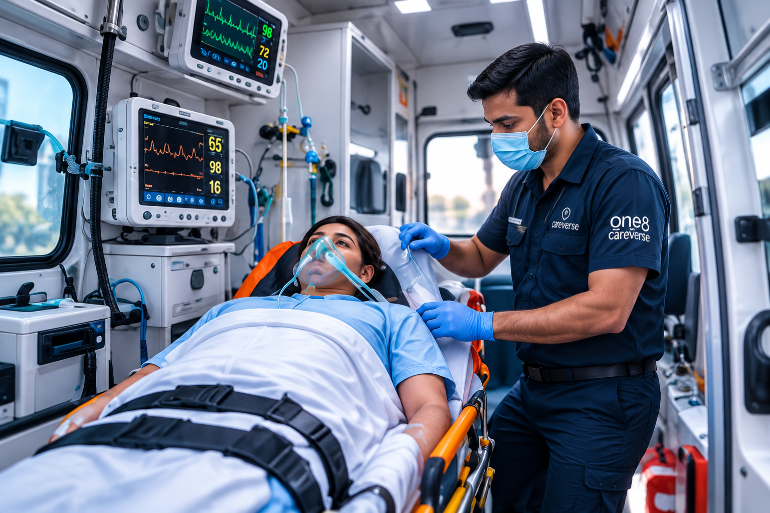 Paramedic providing medical support inside a road ambulance